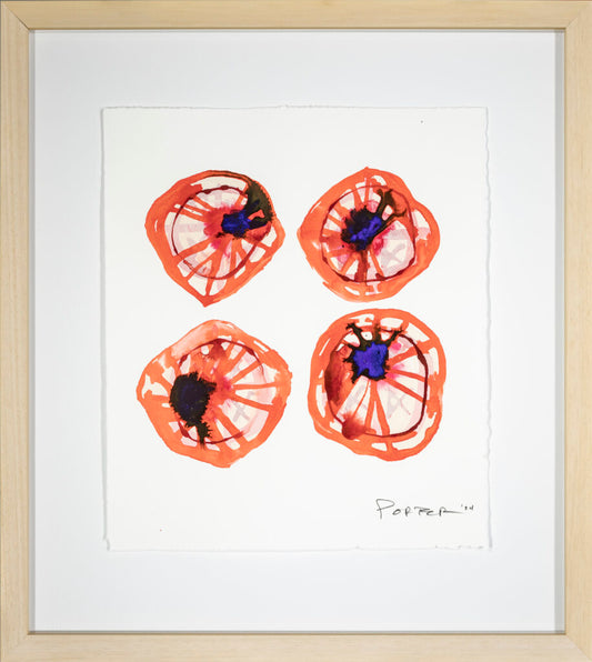 Framed abstract artwork orange circular shapes blue center on white background.
