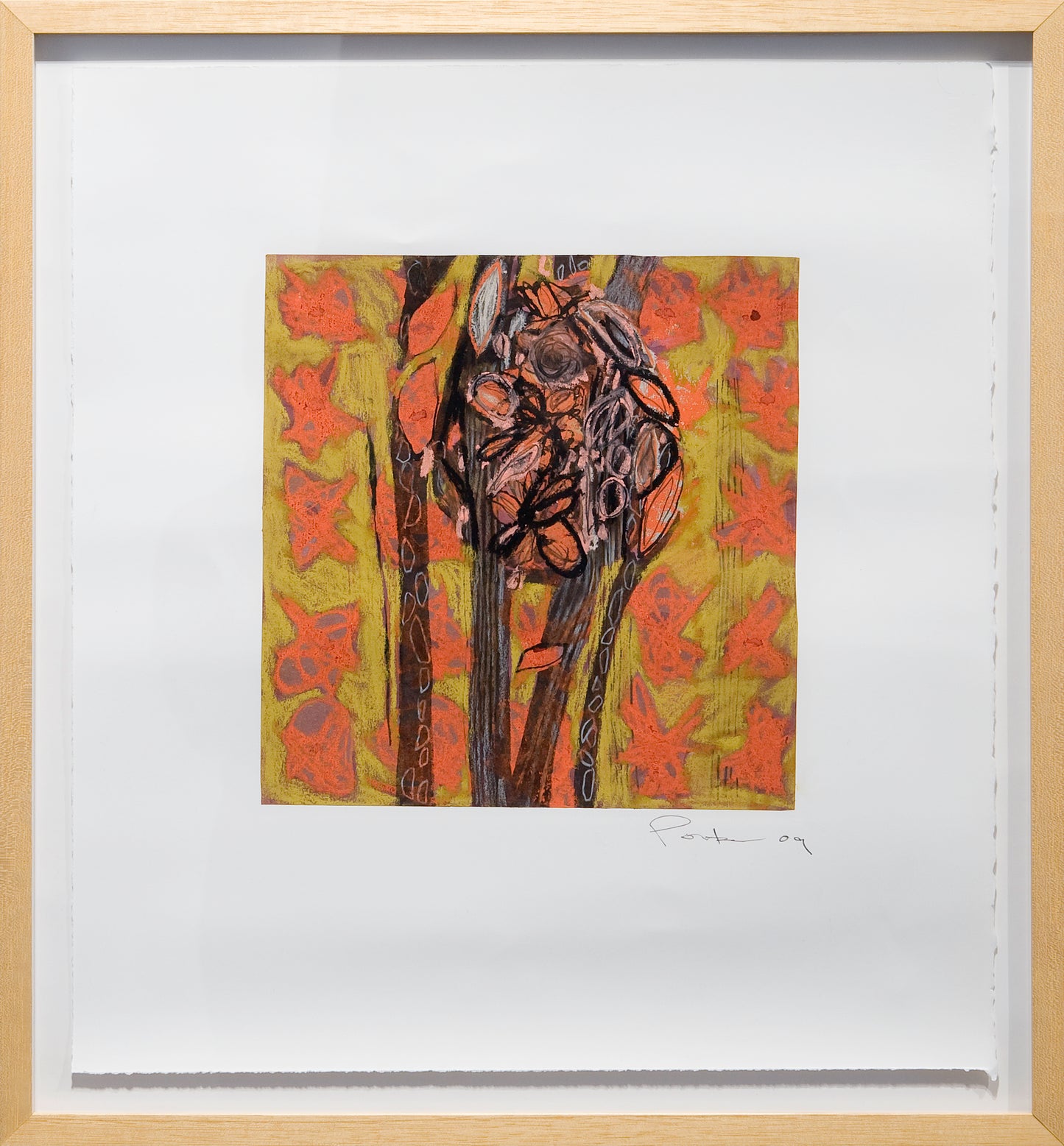 Framed botanical colorful artwork with a central abstract design