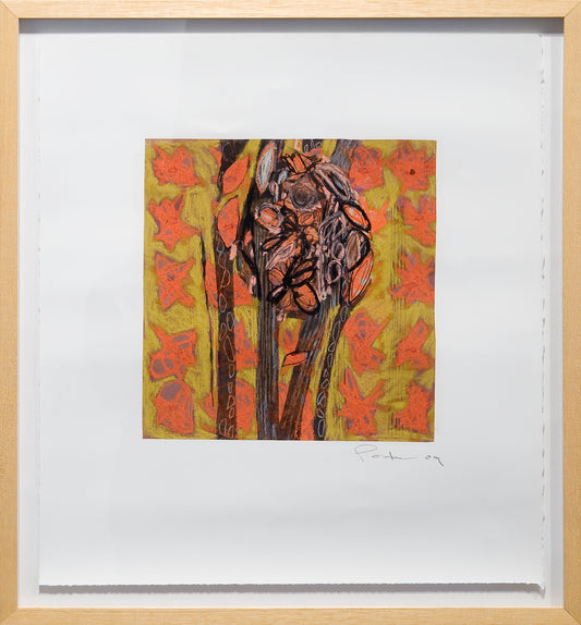 Framed botanical colorful artwork with a central abstract design