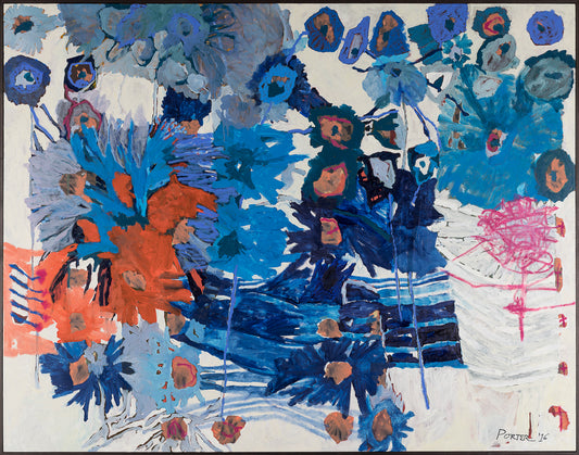 Abstract artwork with blue, orange, and pink colors on a white background