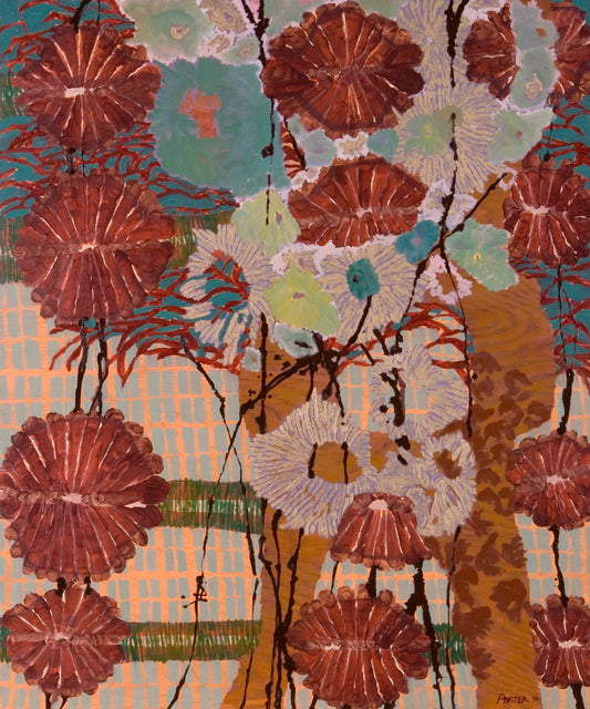 Abstract Colorful floral pattern with brown, green, and blue flowers on a textured background