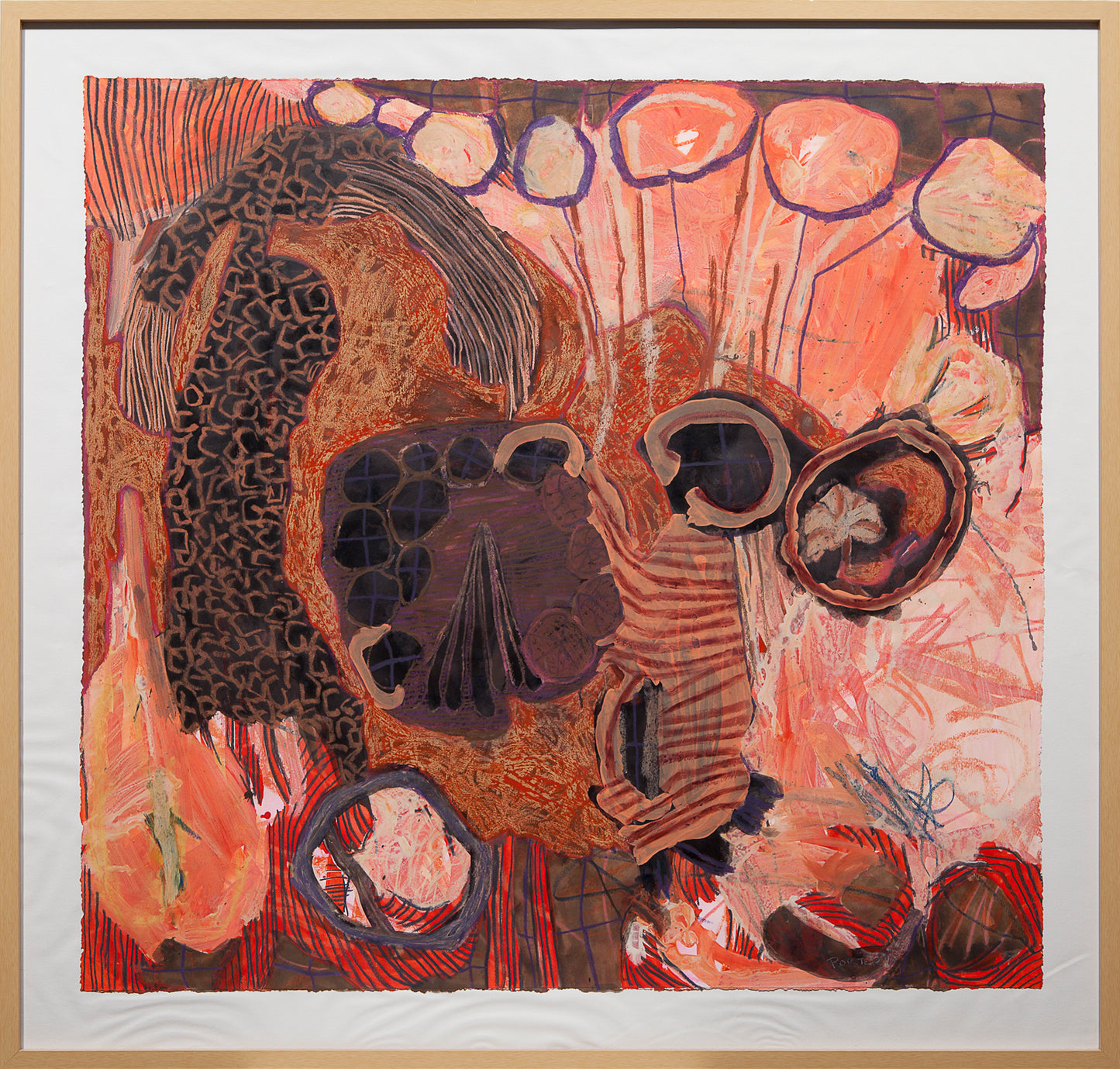 Abstract artwork with various shapes and colors on a textured surface.