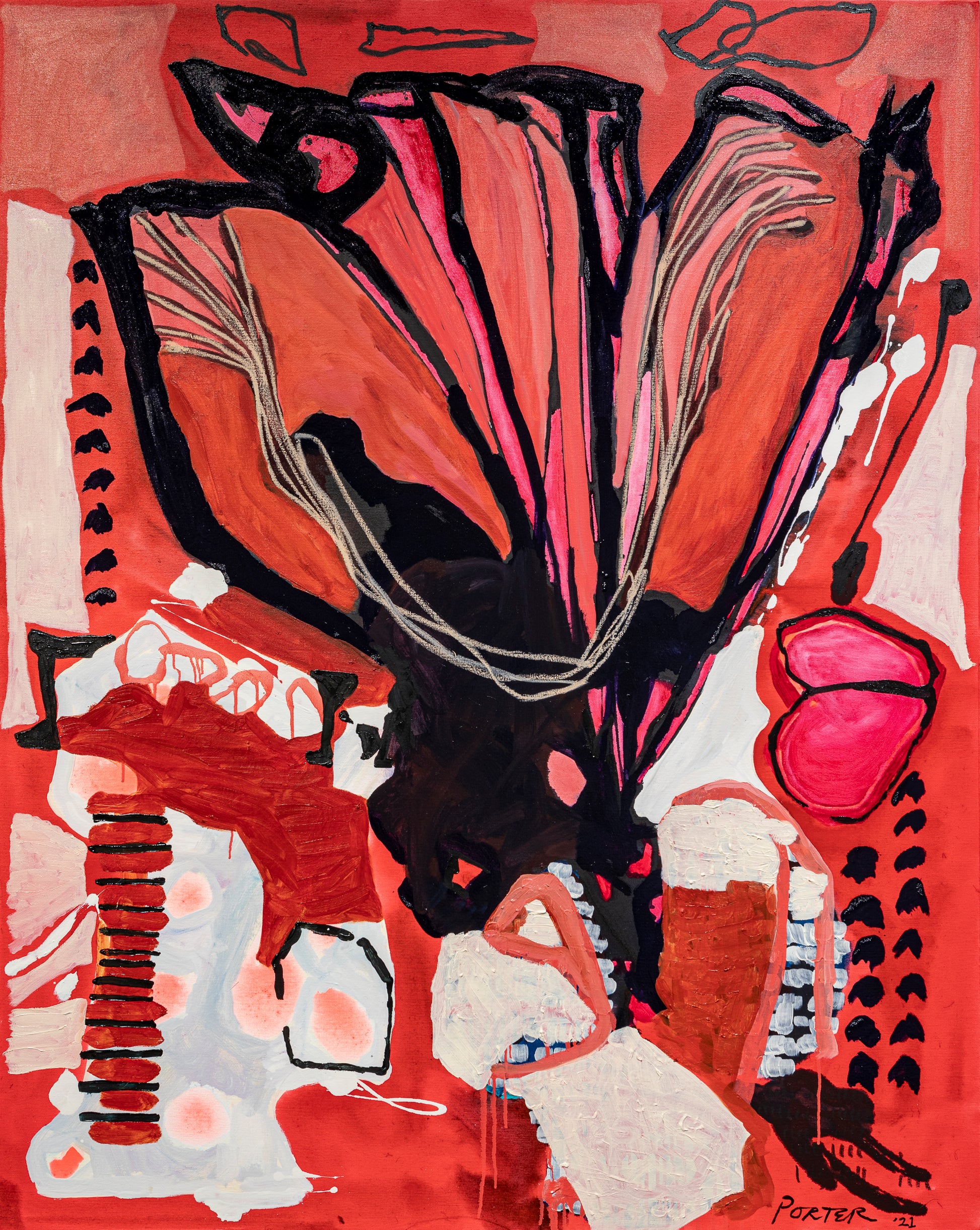 Abstract artwork with black, pink, and red colors on a red background