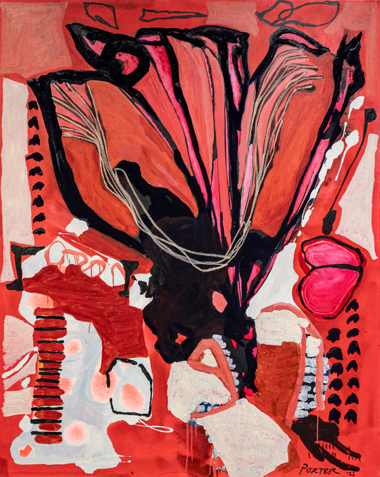 Abstract artwork with black, pink, and red colors on a red background