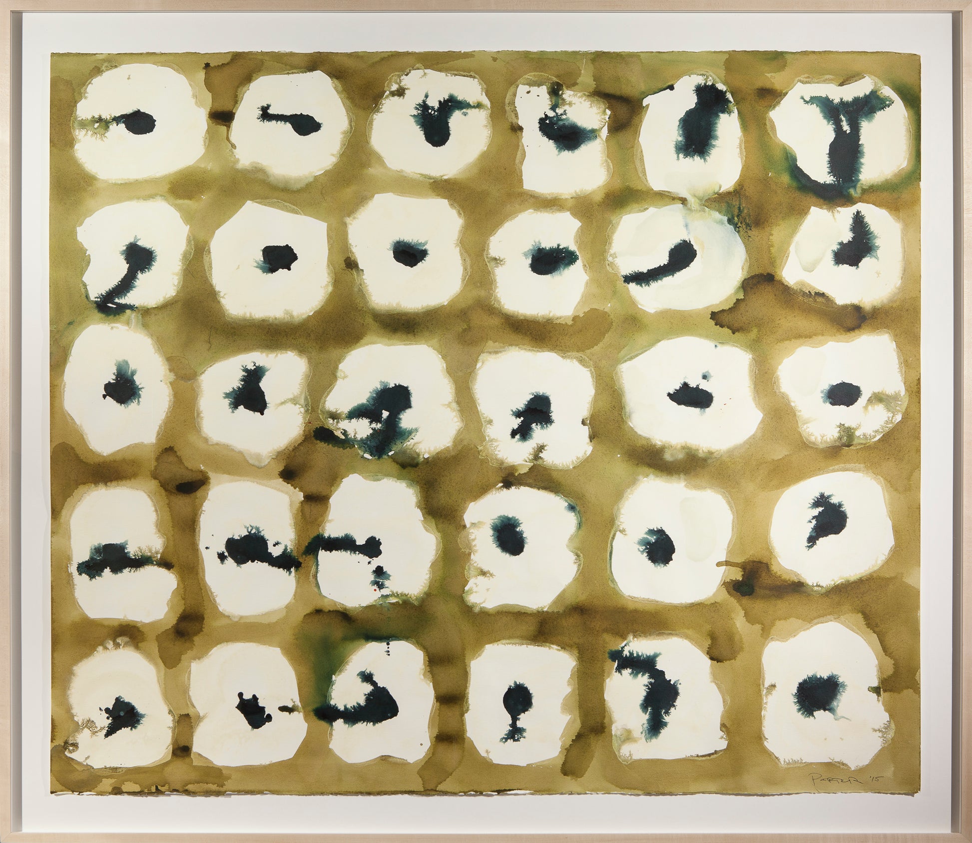 Abstract floral pattern of white and green shapes with black centers on paper and mixed media