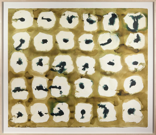 Abstract floral pattern of white and green shapes with black centers on paper and mixed media