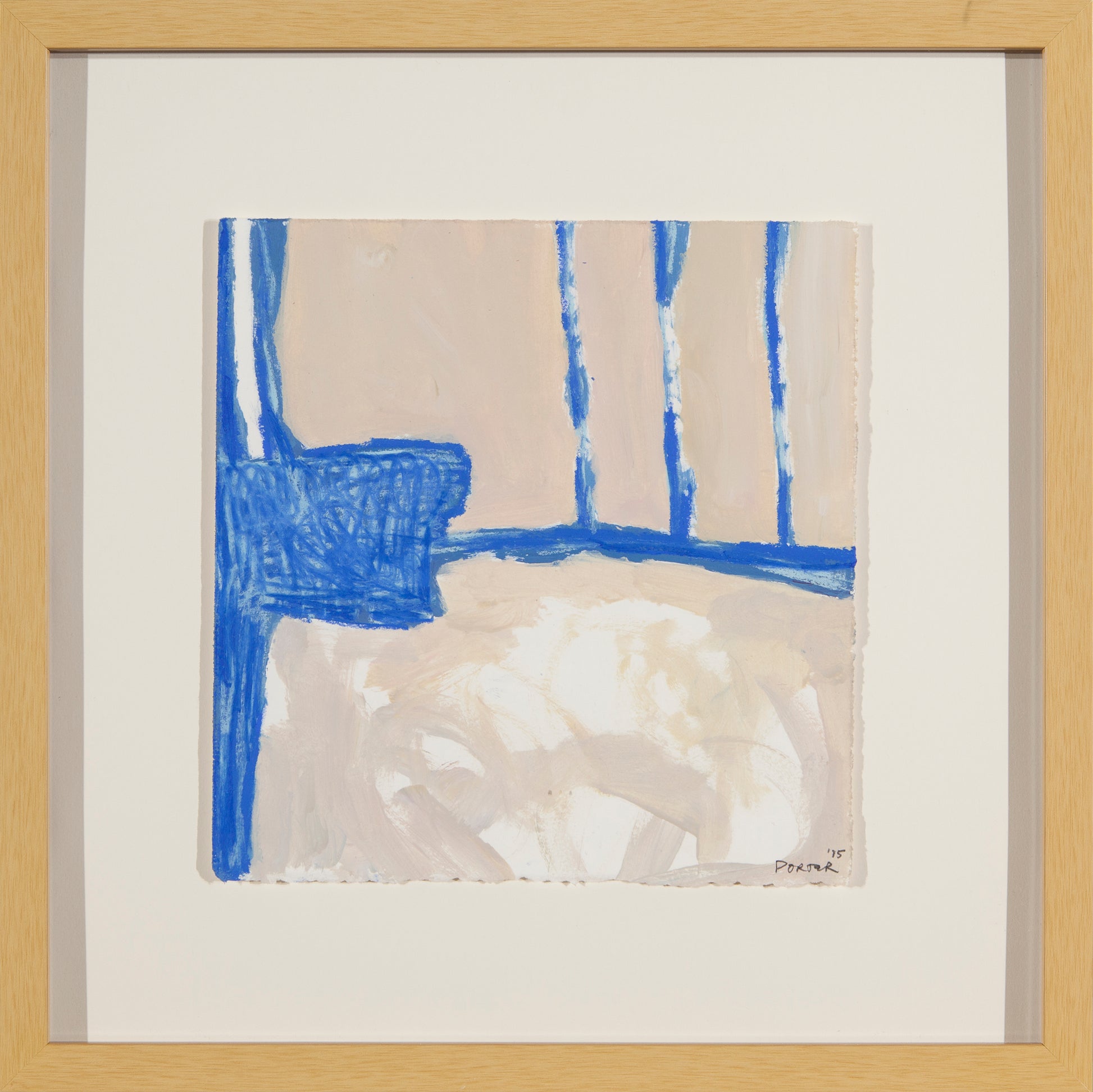 Abstract artwork with blue and beige colors in a wooden frame