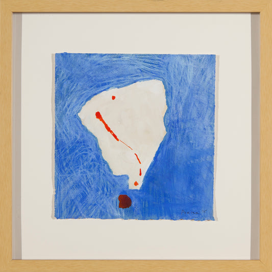 Abstract artwork painting with mixed media with blue, white, and red colors on paper