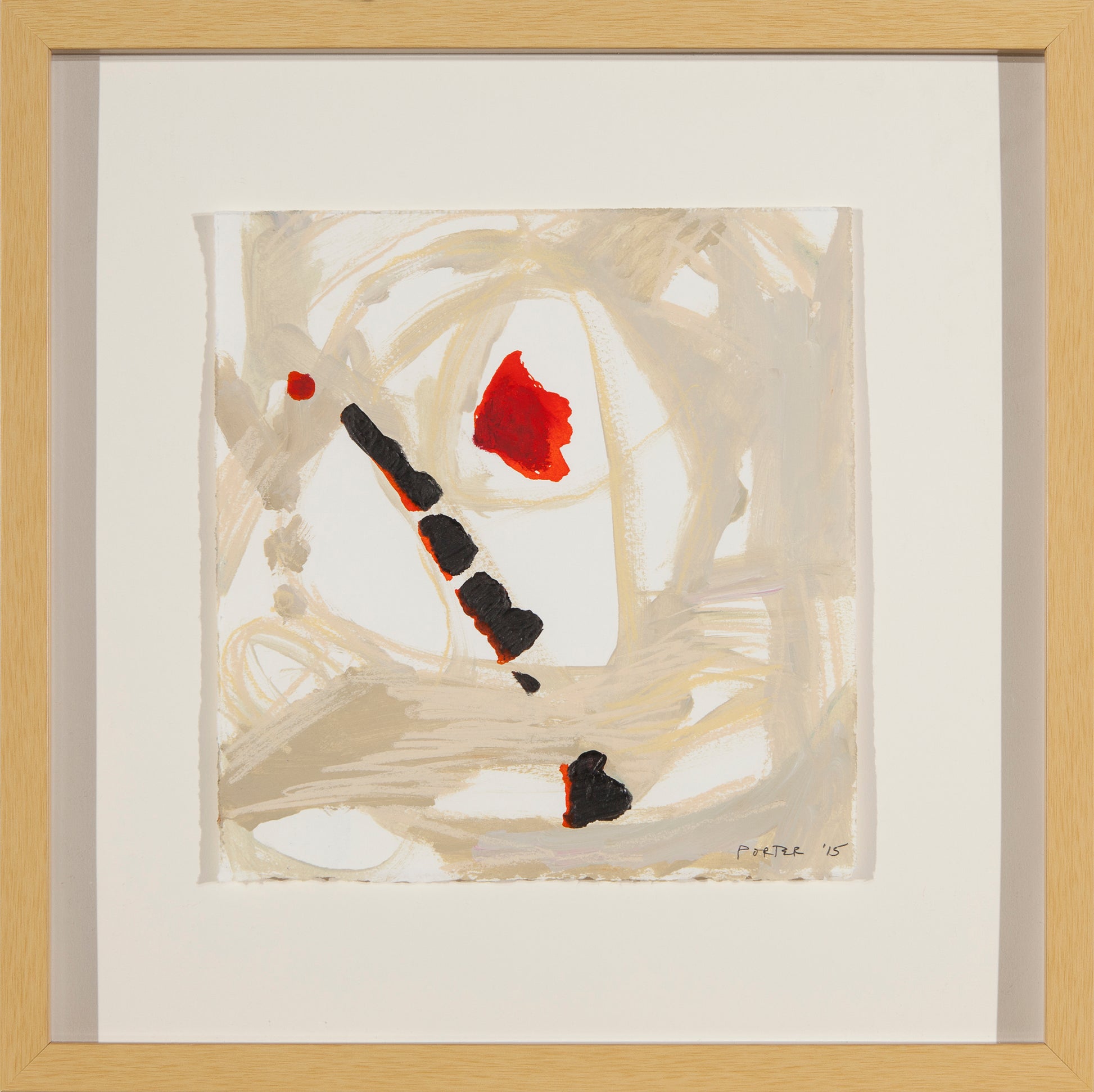 Abstract artwork with red, black, and white on a beige background framed on paper