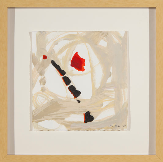 Abstract artwork with red, black, and white on a beige background framed on paper