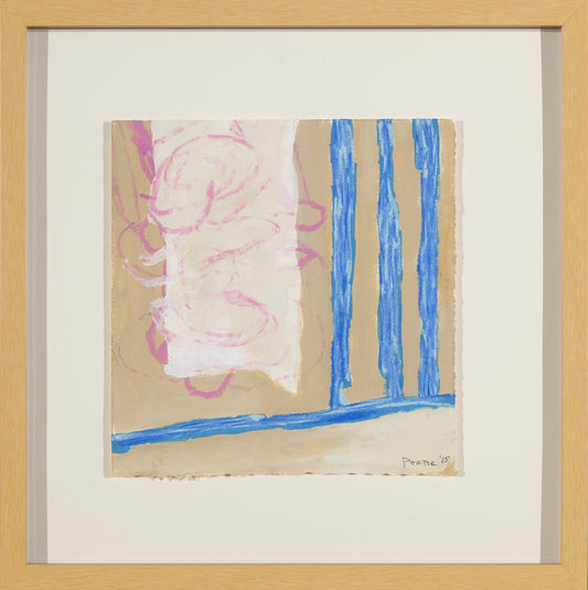 Abstract artwork with pink and blue elements on a beige background, mixed media on paper