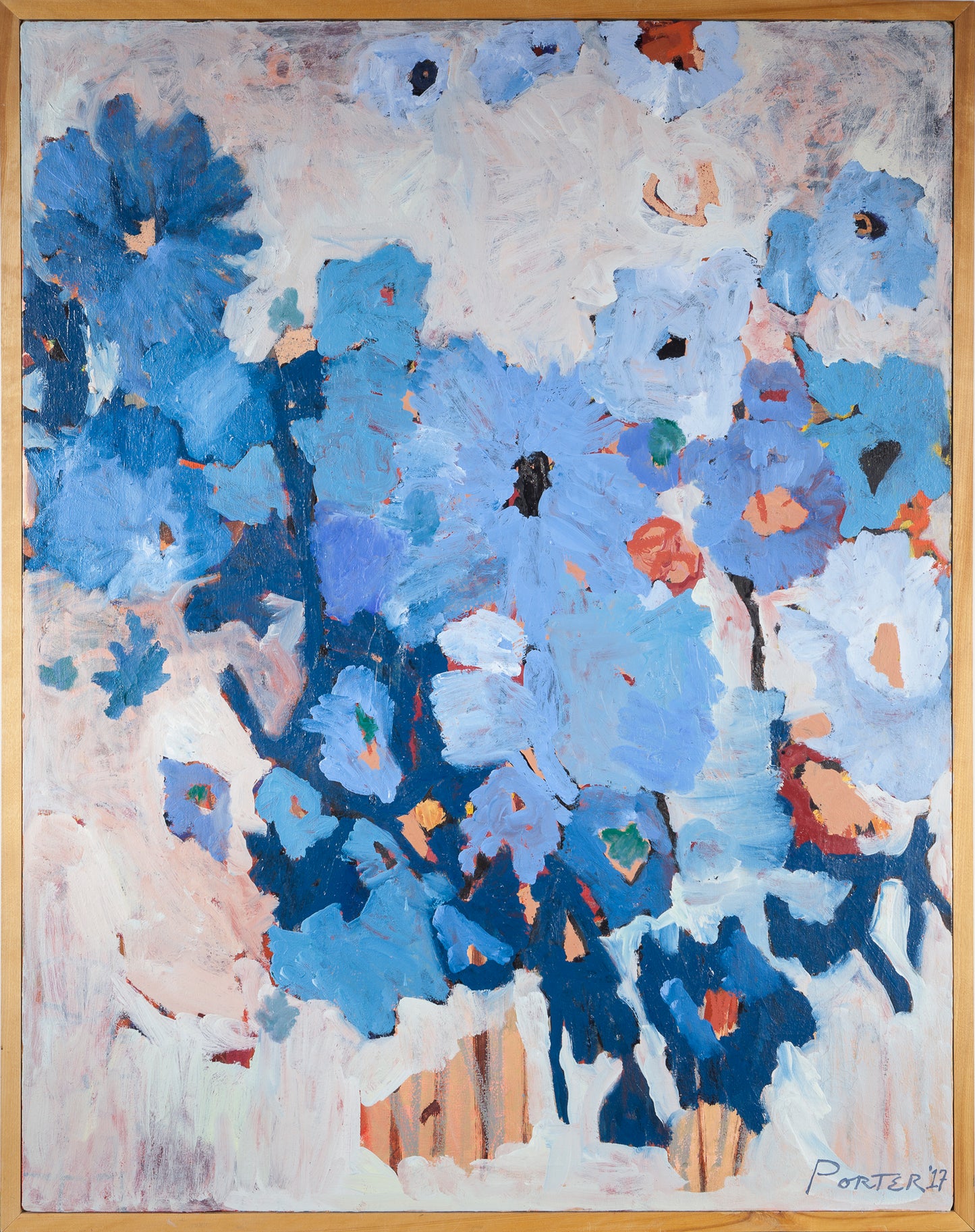 Abstract painting with blue floral shapes