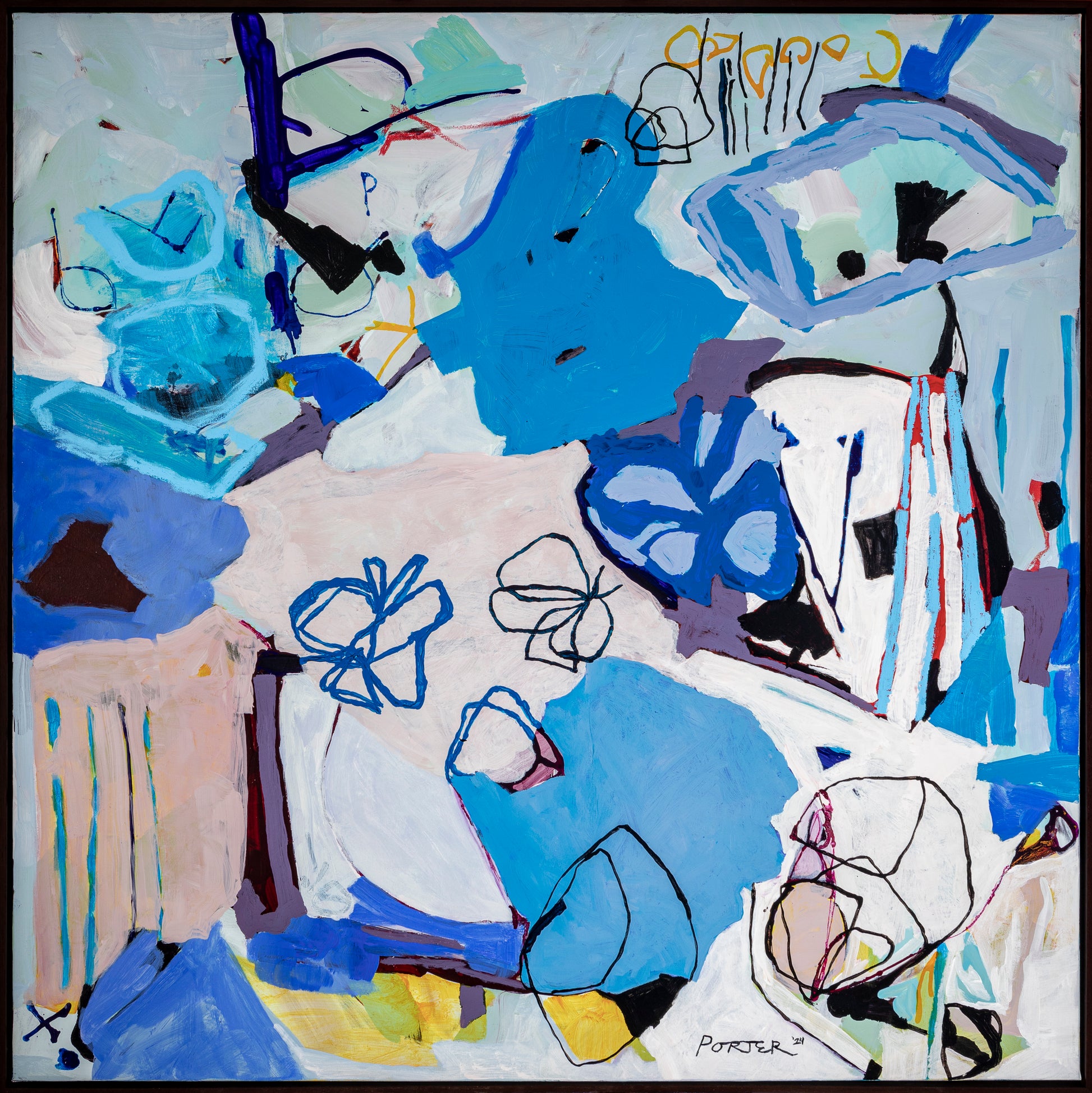 Abstract colorful acrylic floral botanical blue and white painting on canvas