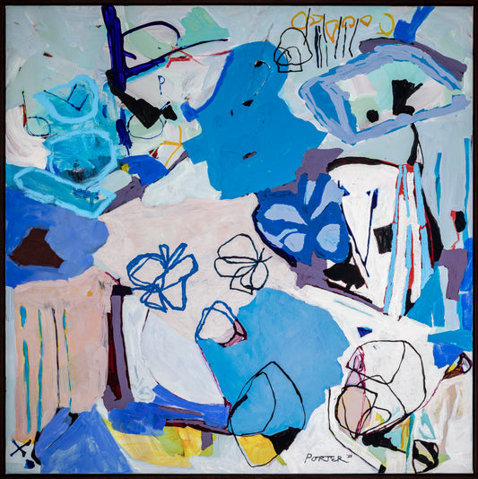 Abstract colorful acrylic floral botanical blue and white painting on canvas