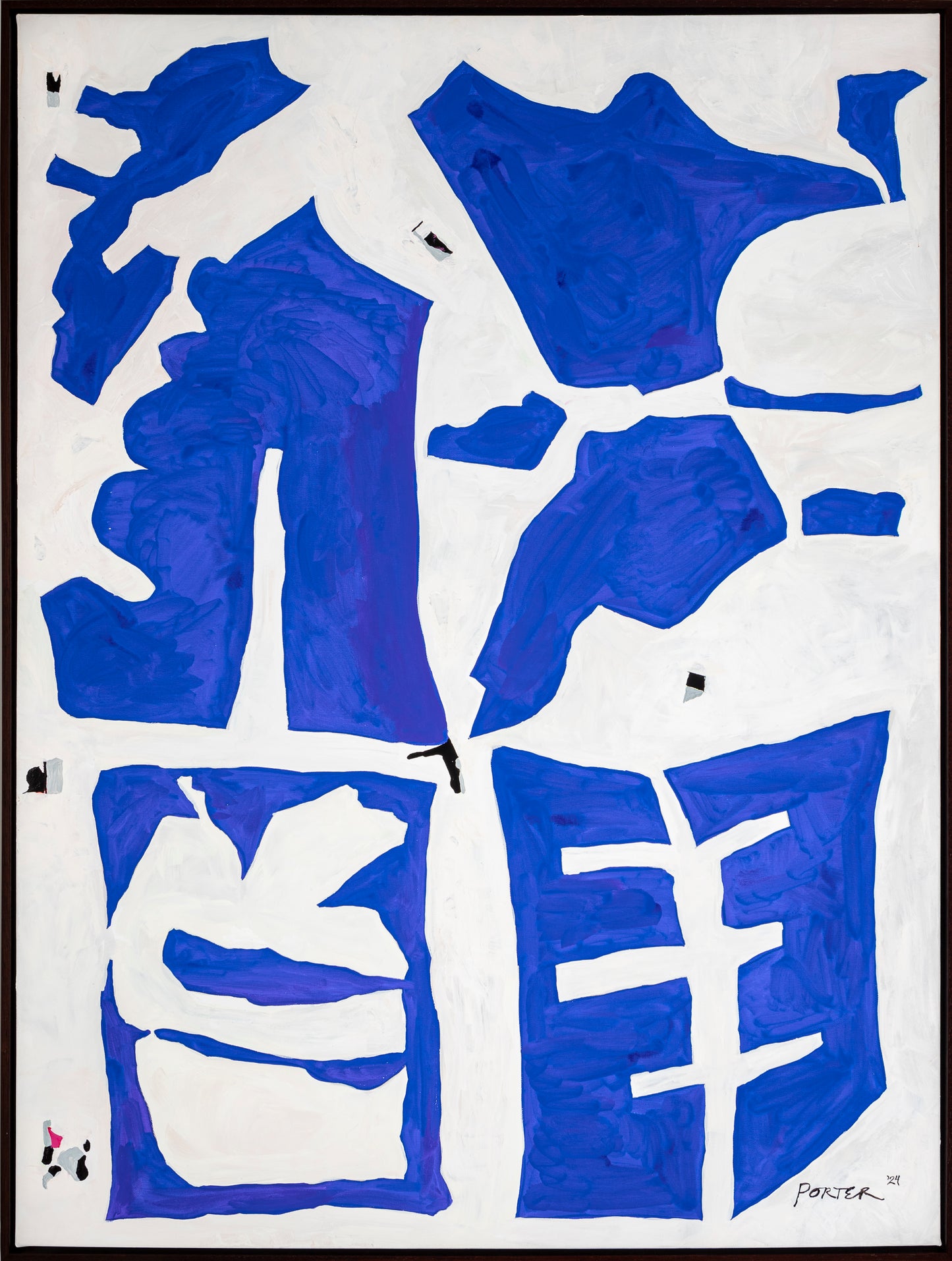 Abstract art piece with blue and white geometric acrylic painting on a white canvas