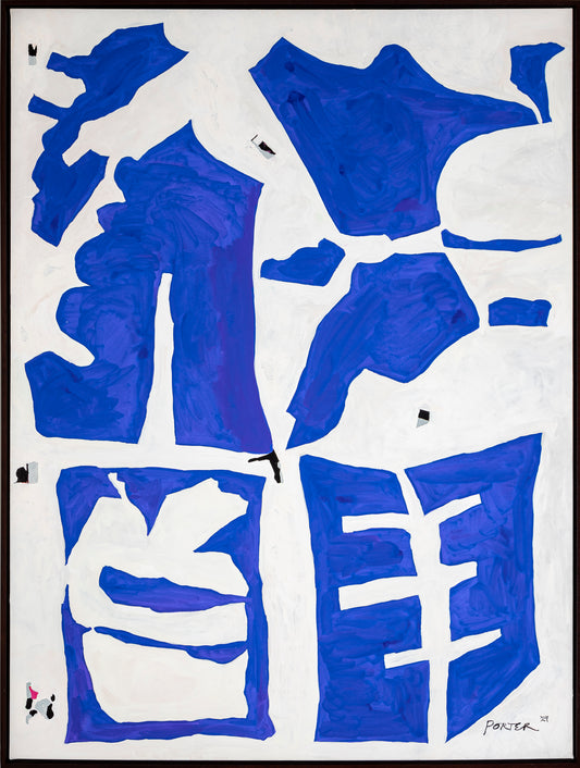 Abstract art piece with blue and white geometric acrylic painting on a white canvas