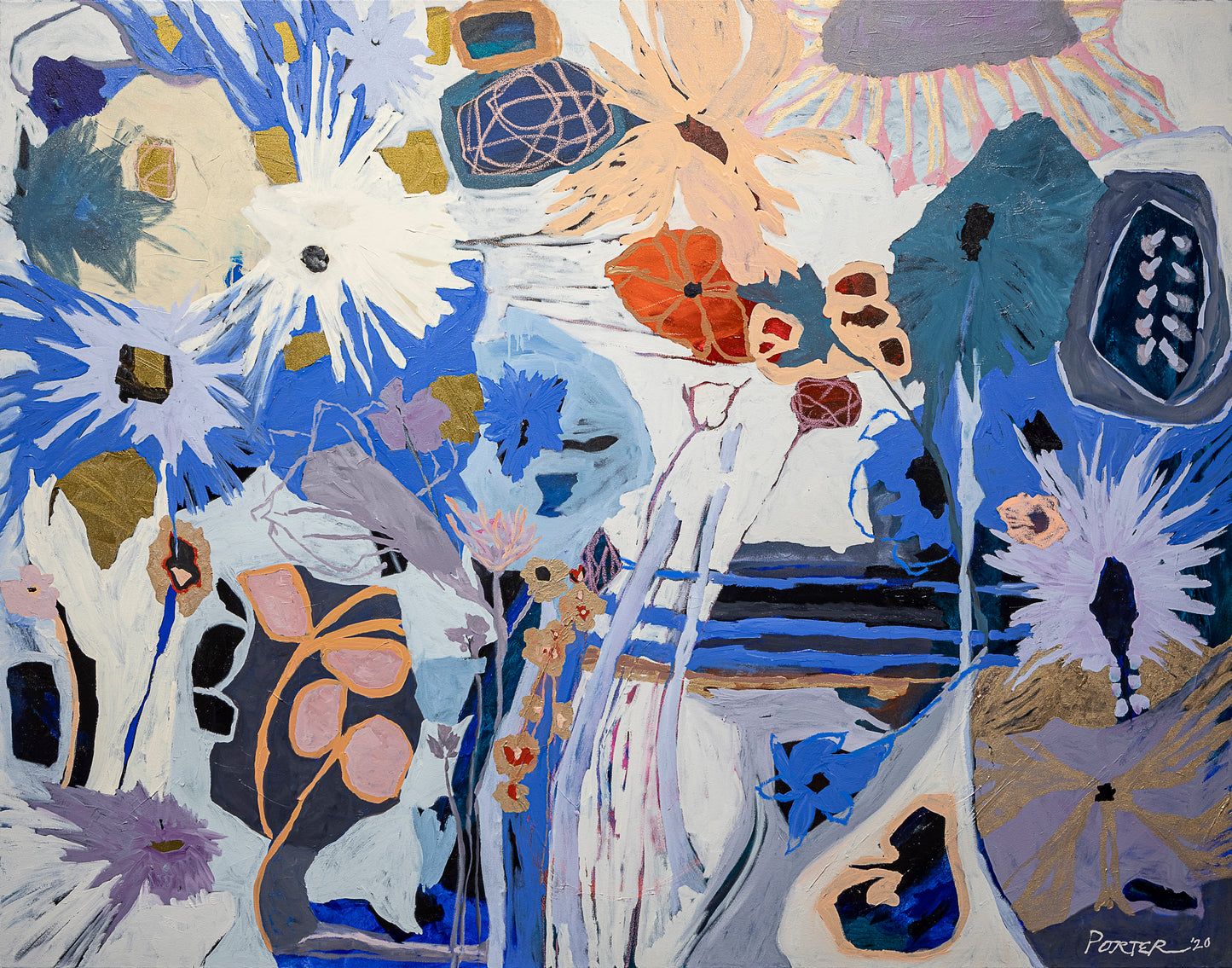 Abstract acrylic artwork with a mix of blue, white, and beige colors on canvas