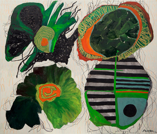 Abstract acrylic artwork with geometric shapes and vibrant colors on canvas 