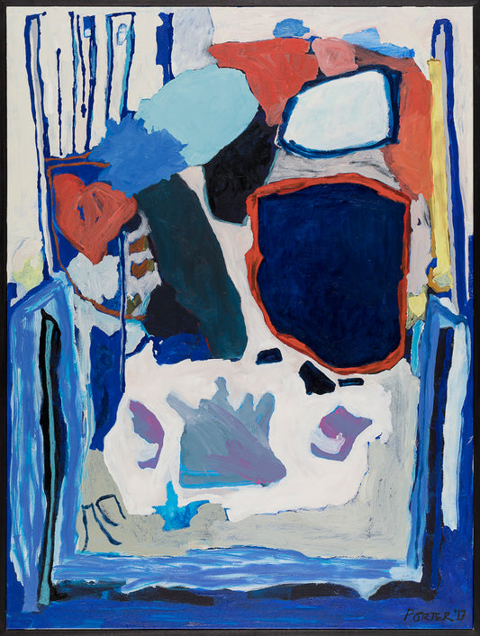 Abstract artwork with geometric shapes in blue, red, and white acrylic on canvas