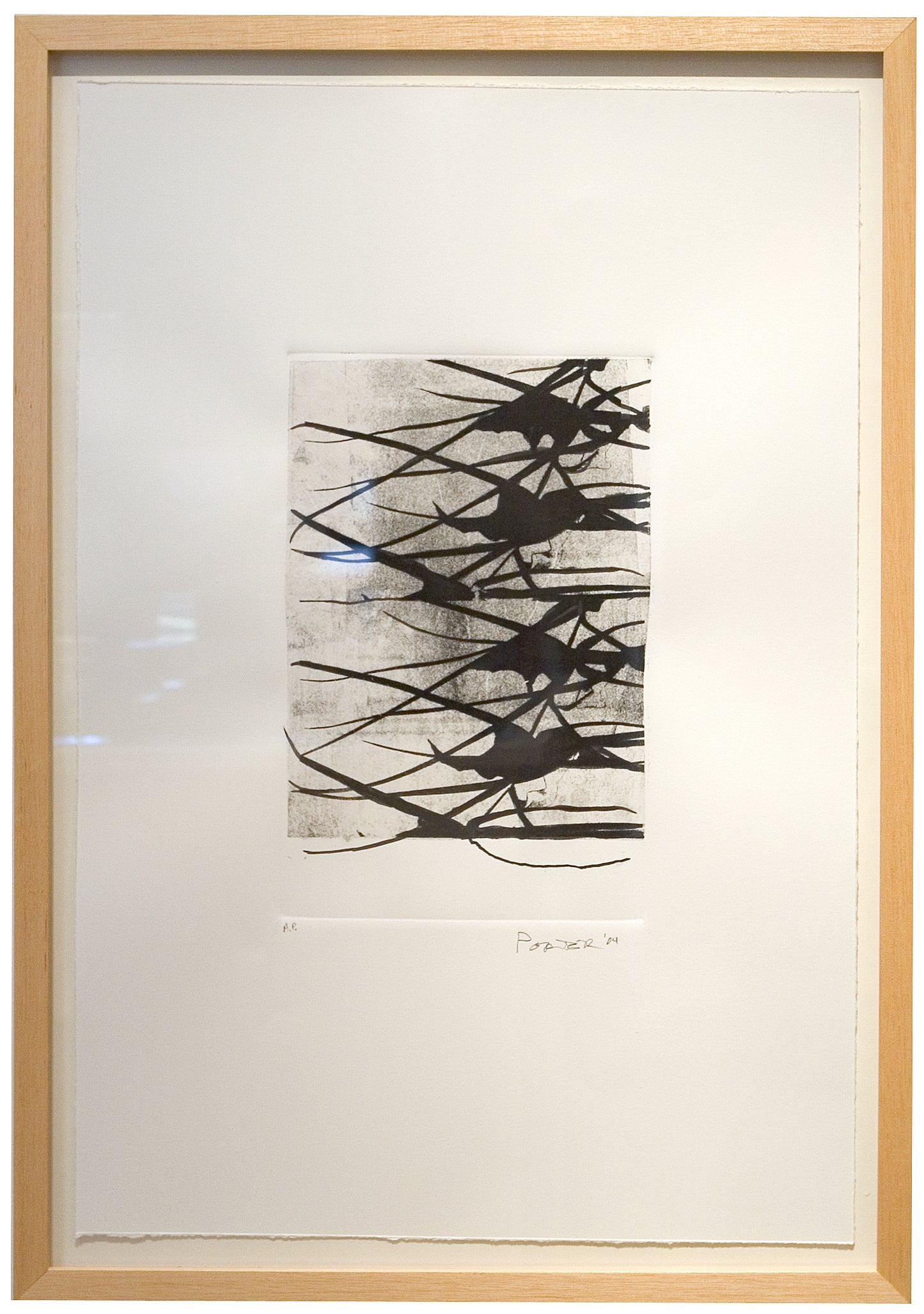 Framed abstract artwork with black lines minimalism mixed media on paper