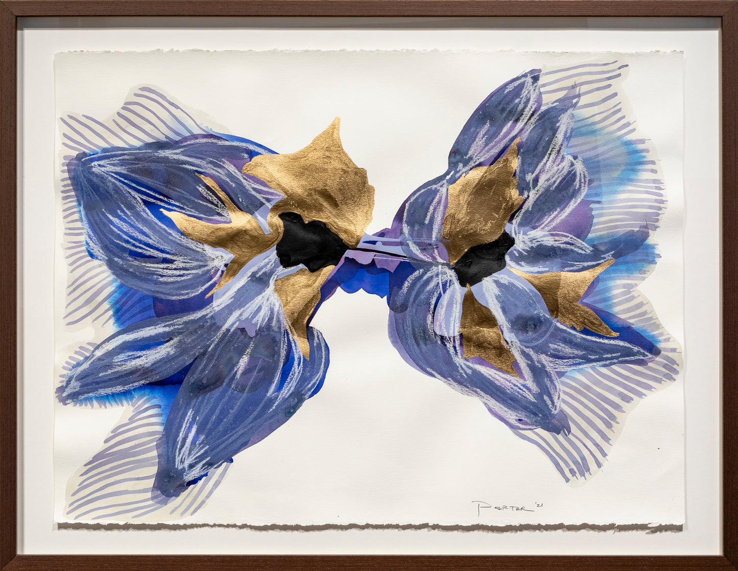 Artwork of two blue and gold botanical floral abstract mixed media on paper