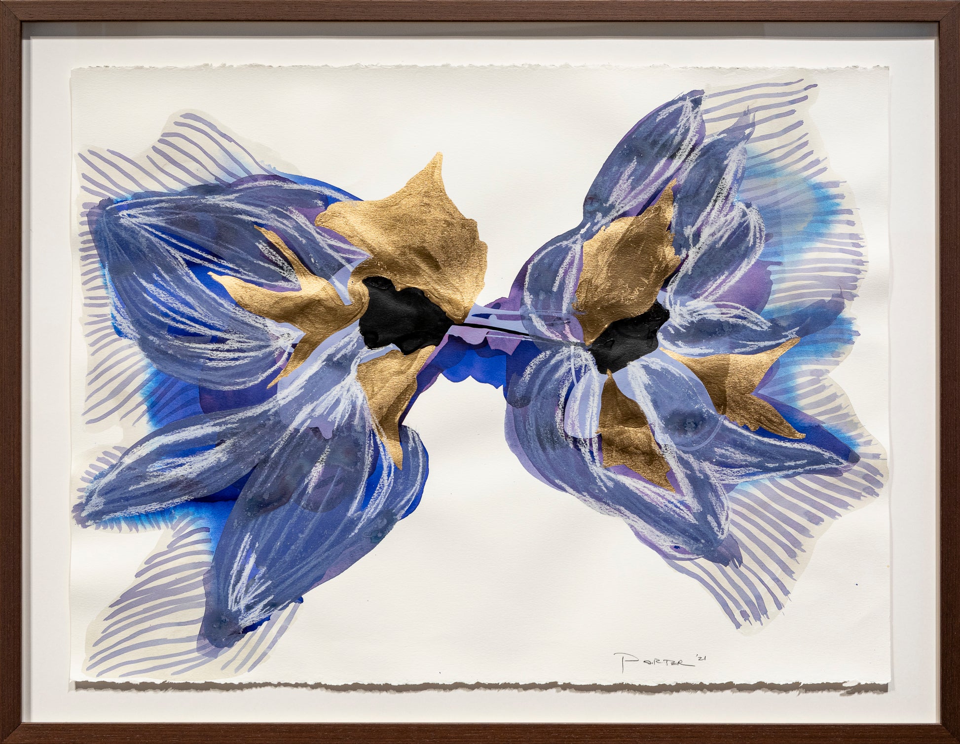 Artwork of two blue and gold botanical floral abstract mixed media on paper