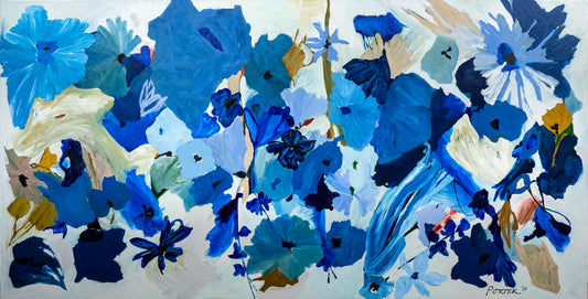 Abstract painting of blue and white flowers on a light background acrylic paint on canvas