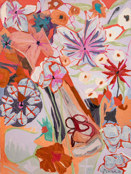 Colorful floral artwork with abstract botanical acrylic on canvas