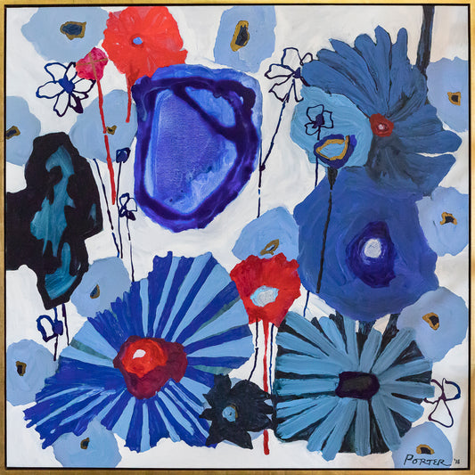 Abstract  artwork with blue, red, and black white floral botanical acrylic paint on canvas