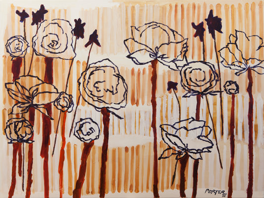 Acrylic on canvas abstract flowers with brown and black beige strokes