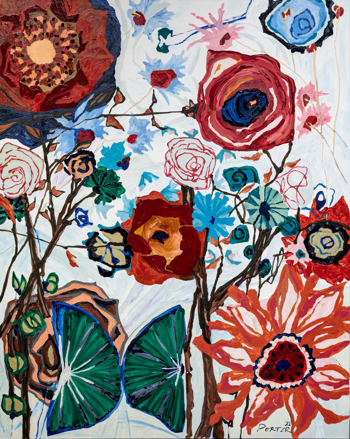 Colorful abstract floral art work painting acrylic on canvas with vibrant colors 