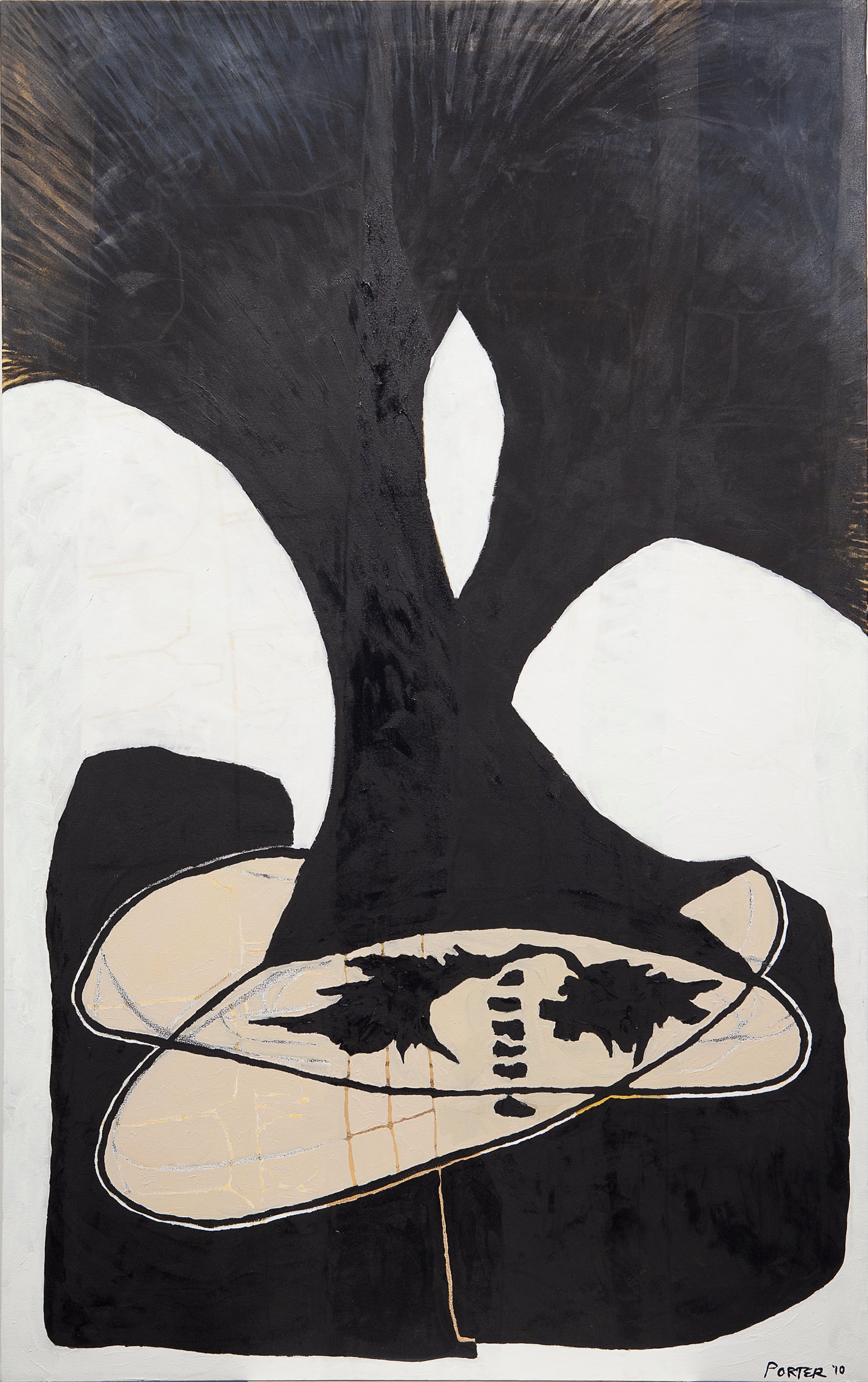 Abstract artwork with black, white, and beige acrylic on canvas