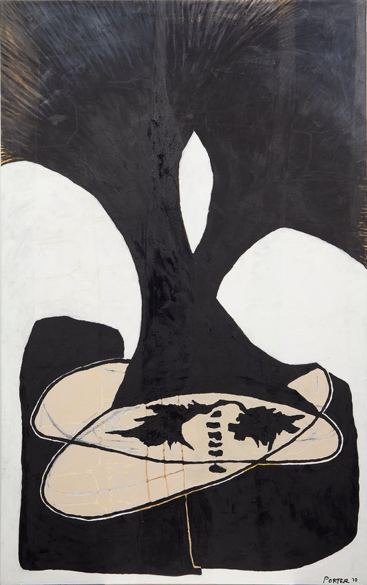 Abstract artwork with black, white, and beige acrylic on canvas