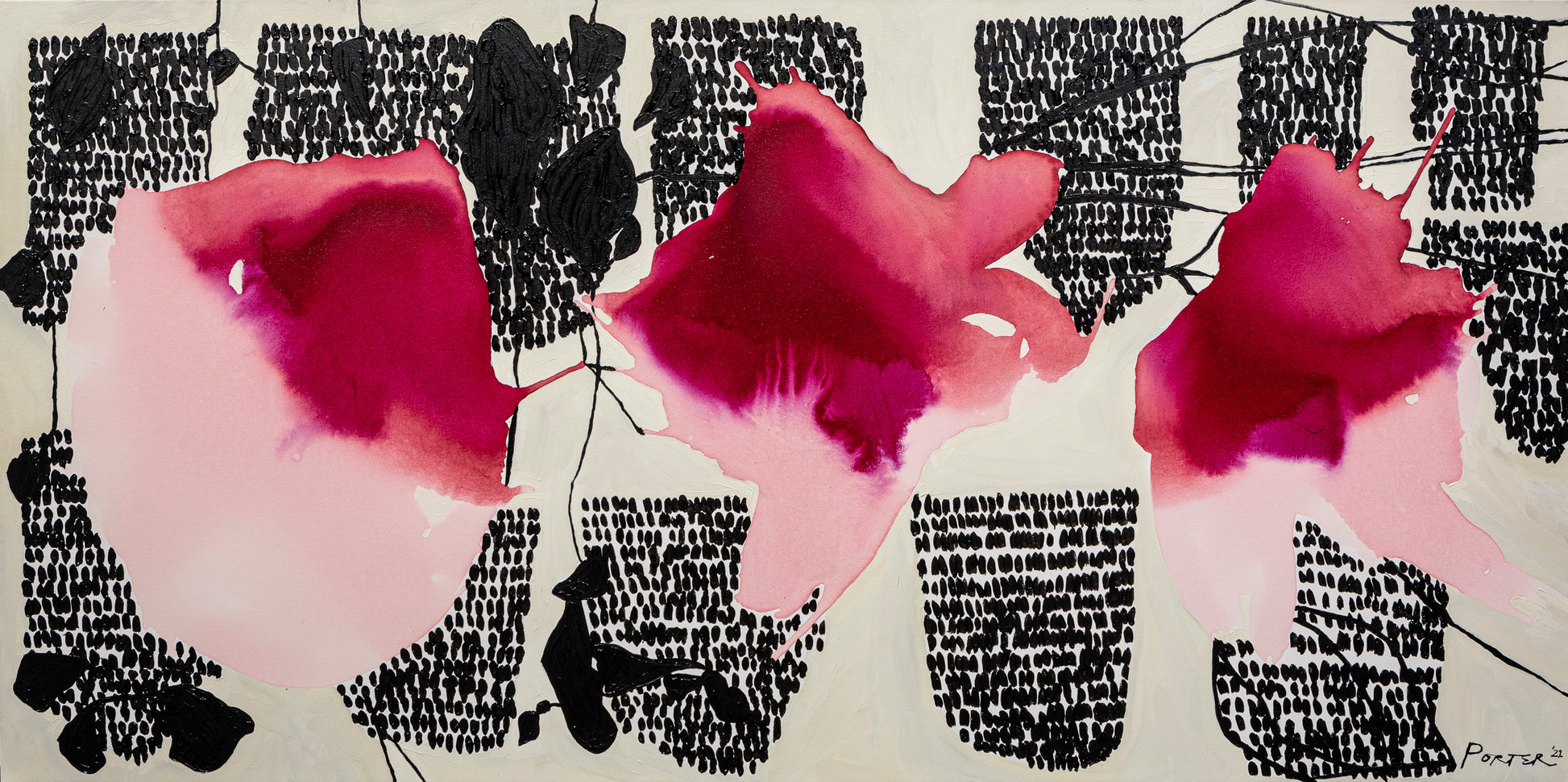 Artistic depiction of pink flowers with black abstract acrylic on canvas