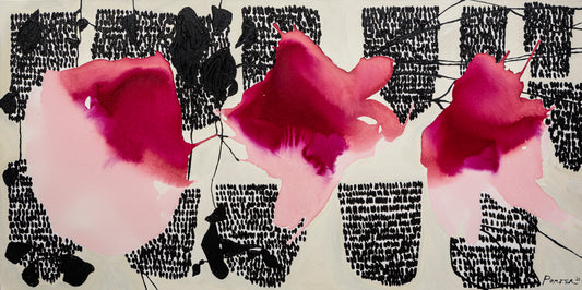 Artistic depiction of pink flowers with black abstract acrylic on canvas