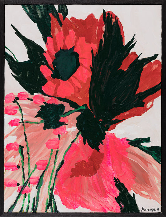 Artistic abstract depiction of pink and black flowers acrylic on canvas
