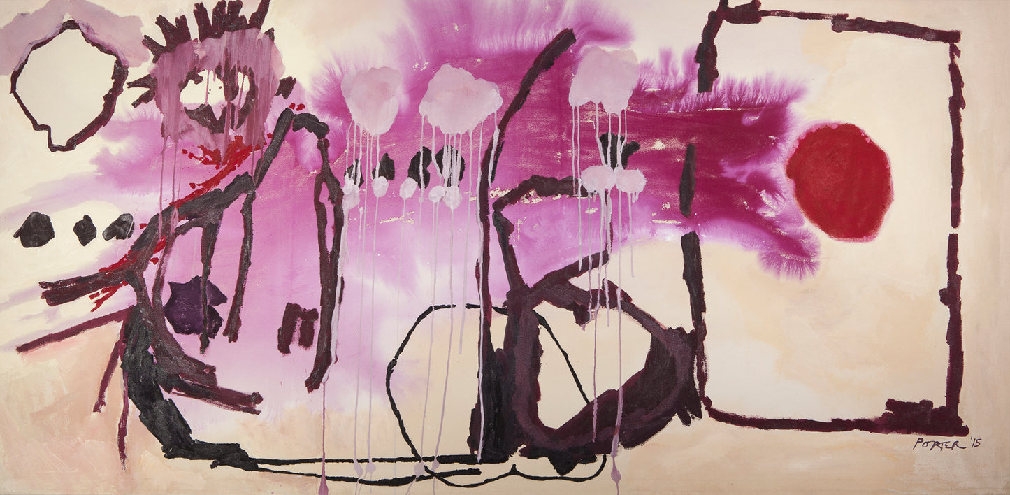 Abstract artwork with purple, black, and white acrylic on canvas painting