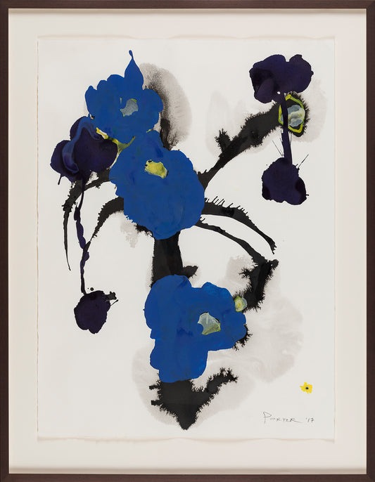 Artistic depiction of blue flowers with black stems on a white background