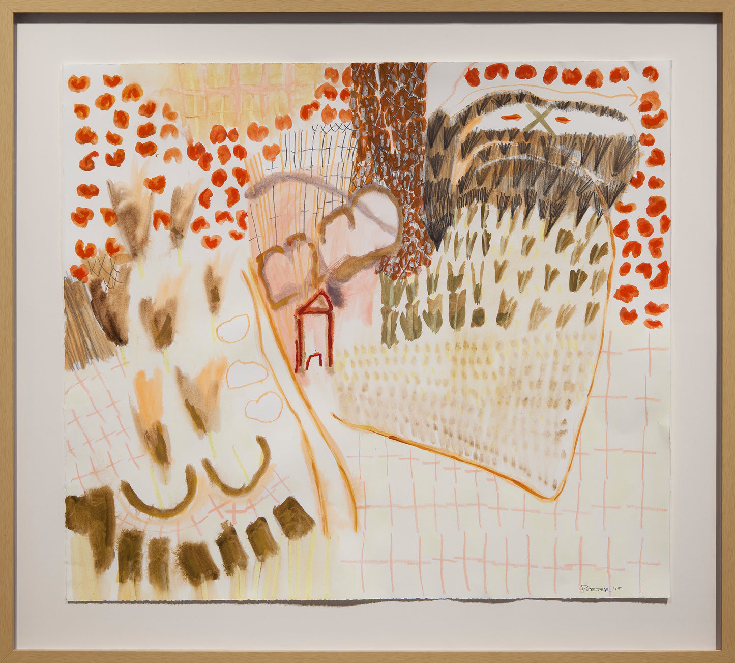 Abstract artwork with warm and gold geometric shapes and patterns on paper