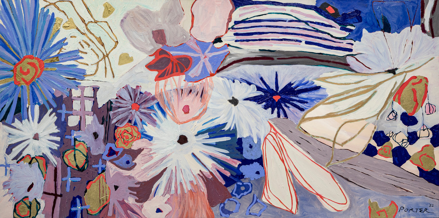 Abstract artwork with colorful blue pink white and red flowers and geometric shapes acrylic on canvas