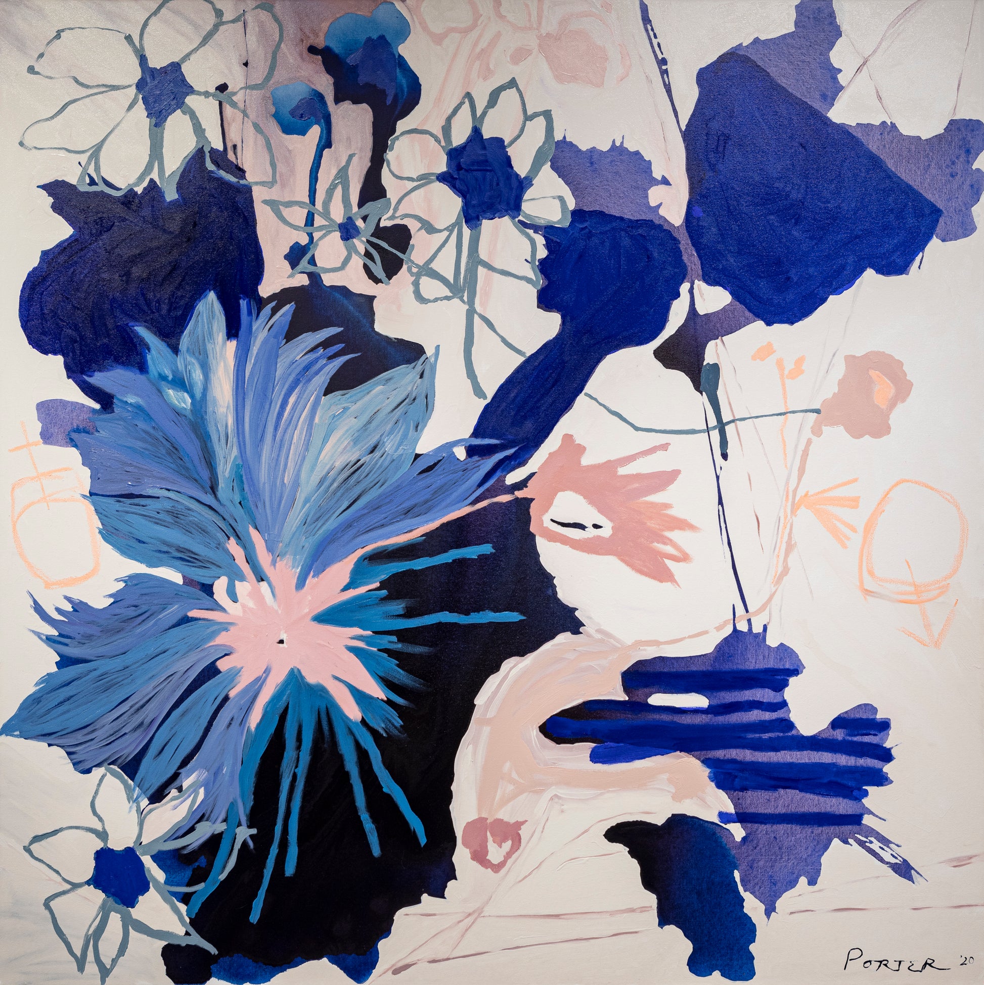 Abstract artwork with blue and black floral shapes with acrylic paint on canvas