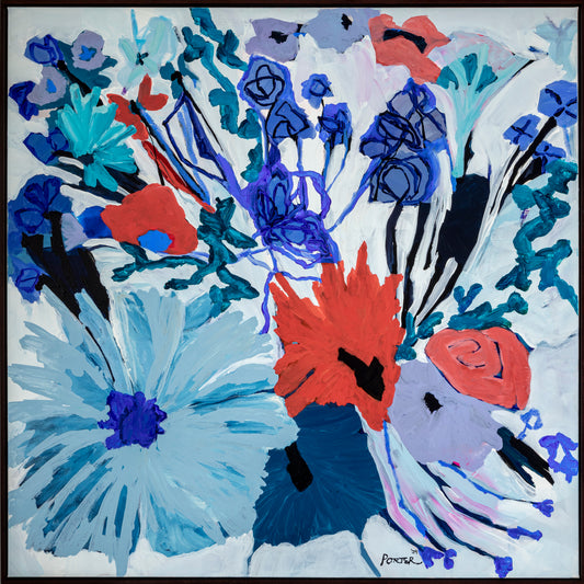 Blue red purple black and white floral botanical abstract acrylic painting on canvas