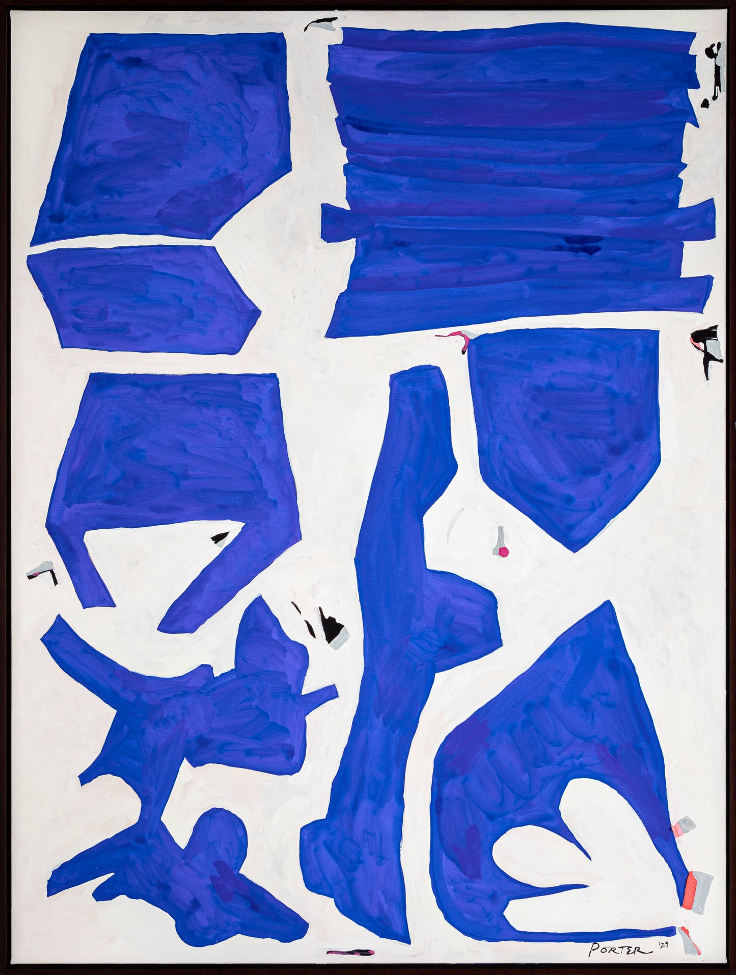 Blue abstract geometric acrylic painting on a white canvas