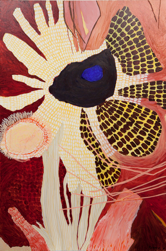 Abstract acrylic painting on canvas with colorful botanical art