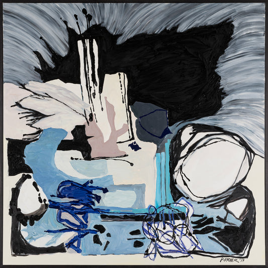 Abstract acrylic artwork on canvas  with black, white, and blue elements on a gray background