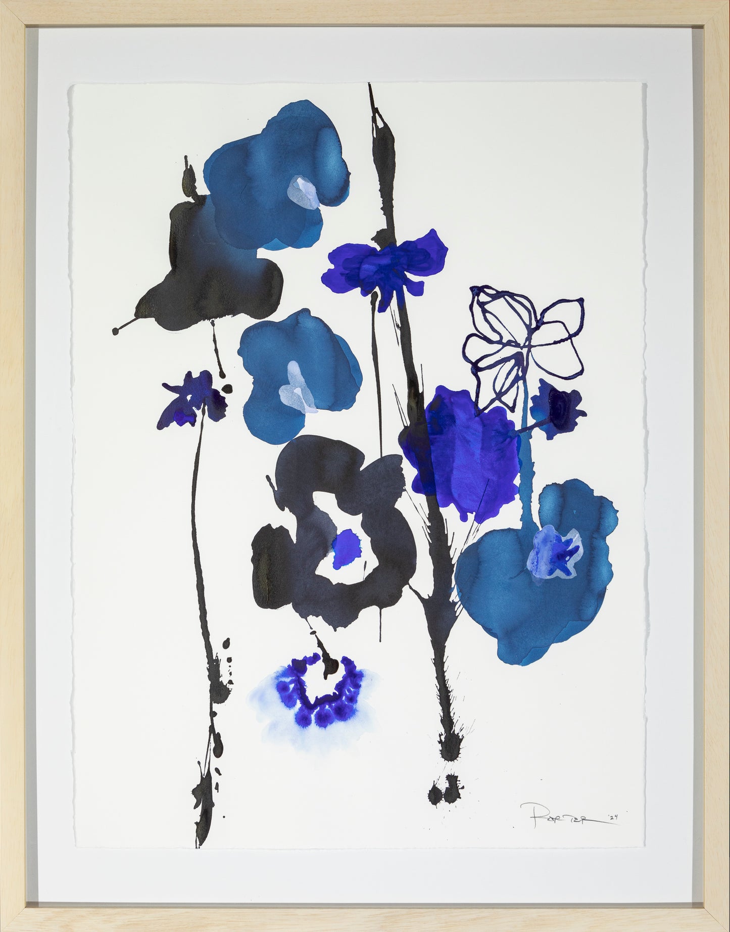 Framed artwork of blue and black floral abstract design on a white background