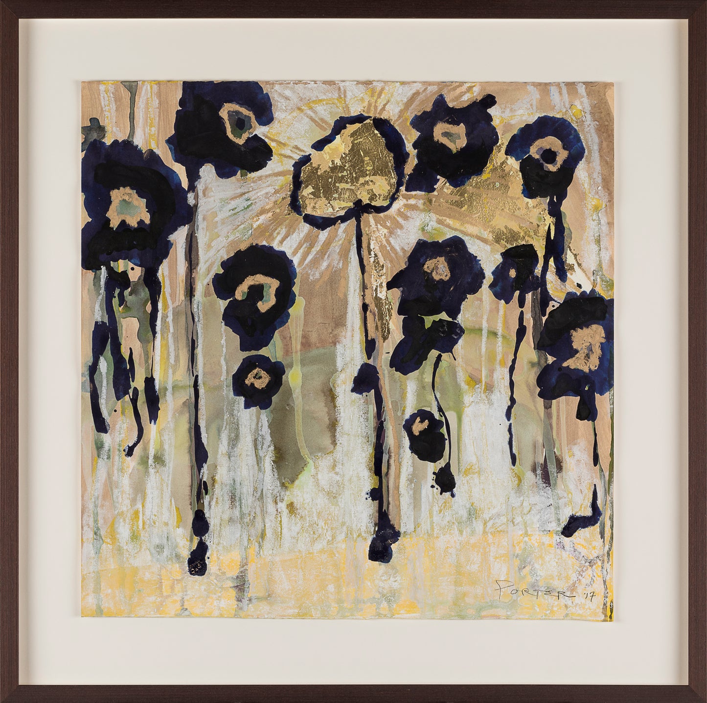 Abstract mixed media art on paper botanical black and gold flowers