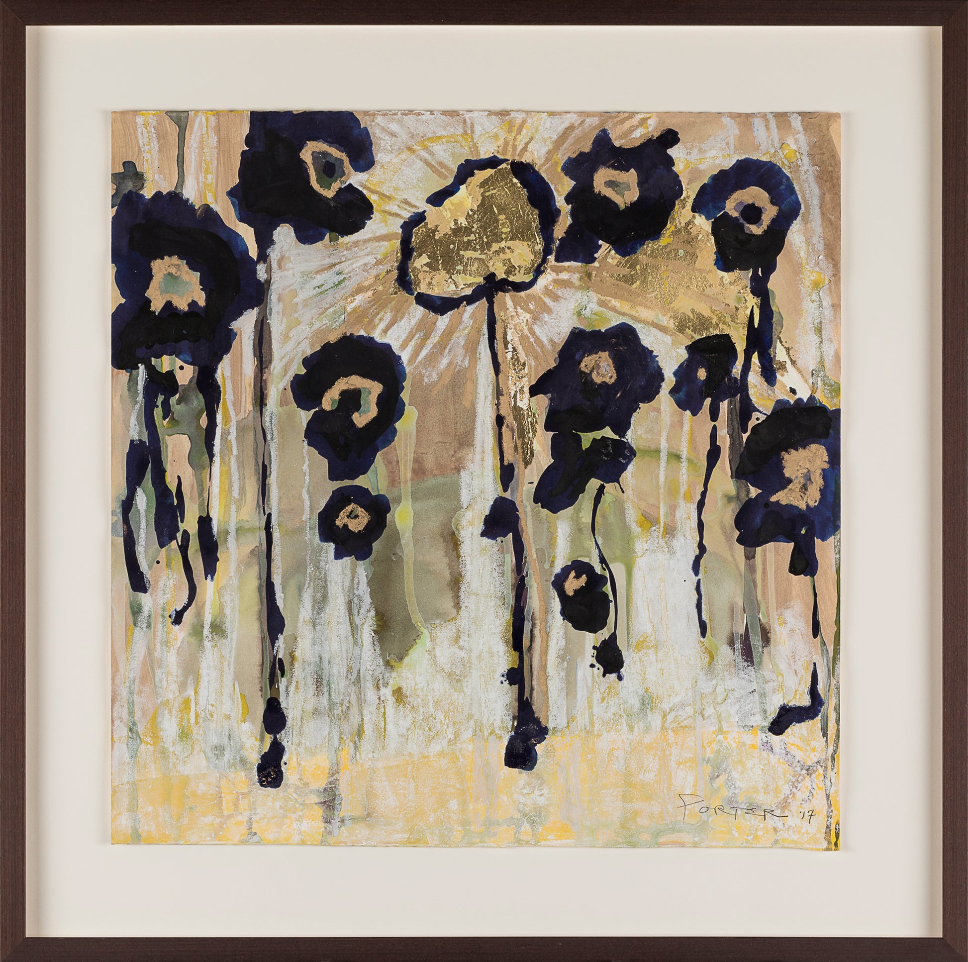 Abstract mixed media art on paper botanical black and gold flowers
