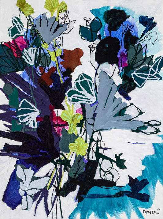 Colorful floral abstract acrylic painting on canvas