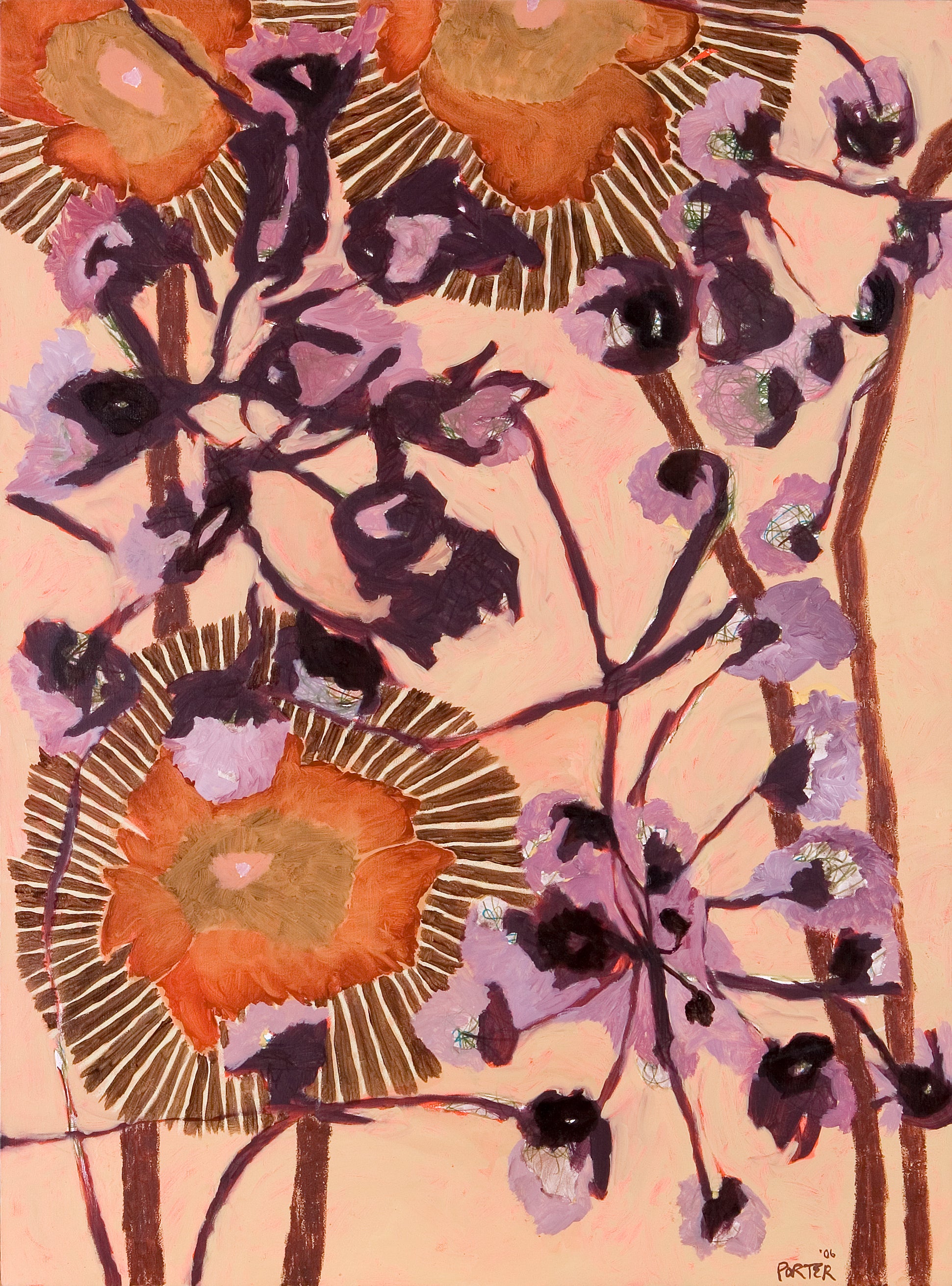 Abstract floral pink purple orange and brown botanical art acrylic on canvas